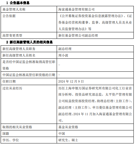 海富通基金新任周小波为副总经理 曾任申万菱信基金副总经理